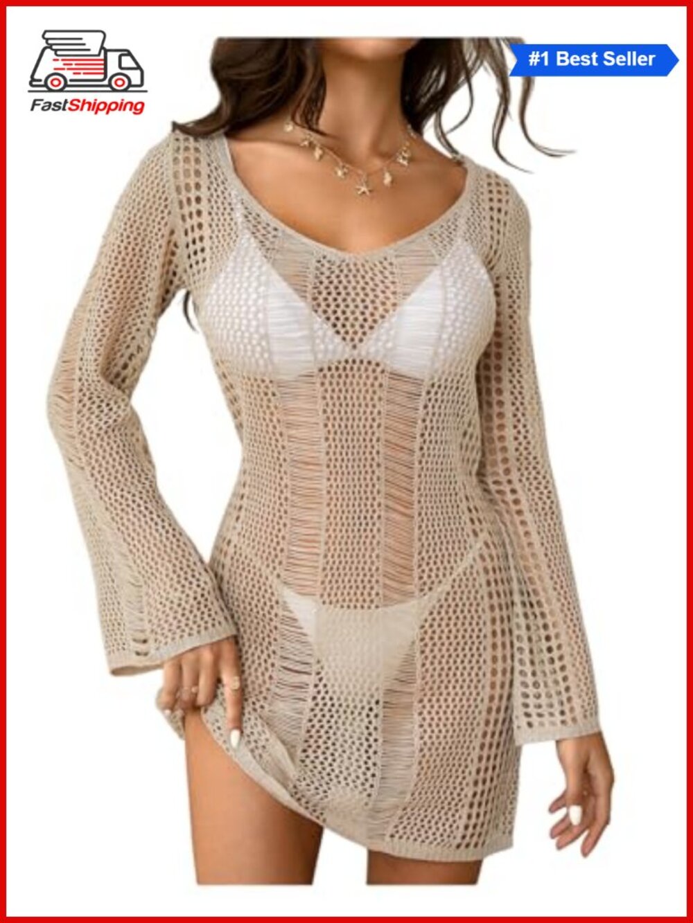 Crochet Cover Up Long Sleeve Sheer Mesh Hollow Out Bikini Swimsuit Beach
